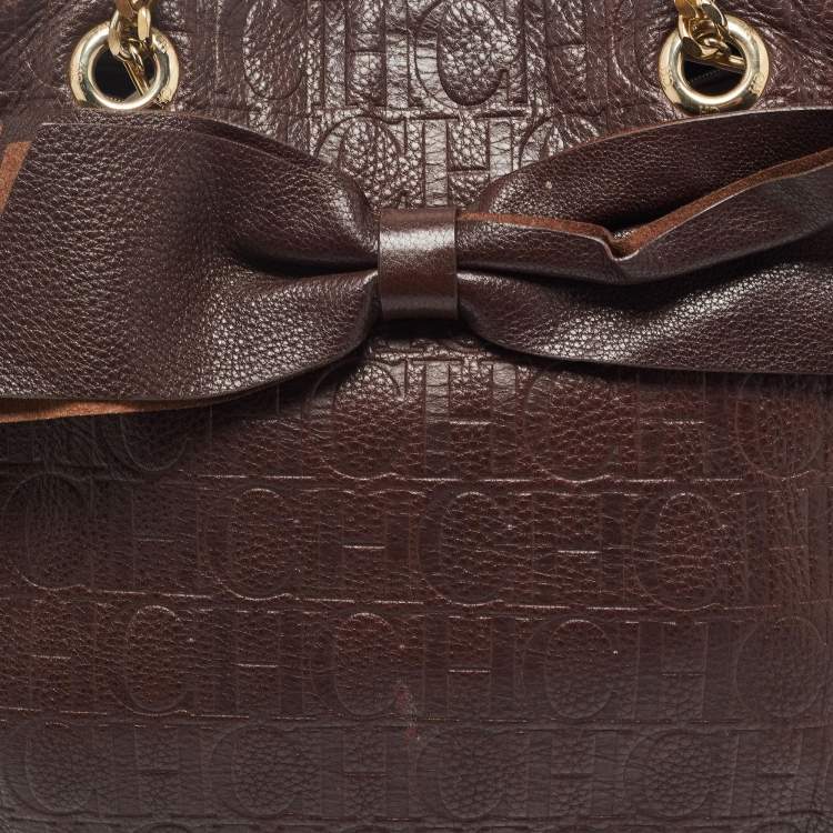 Pre Owned CH Carolina Herrera Brown Monogram Embossed Leather Bow New Anna Hobo