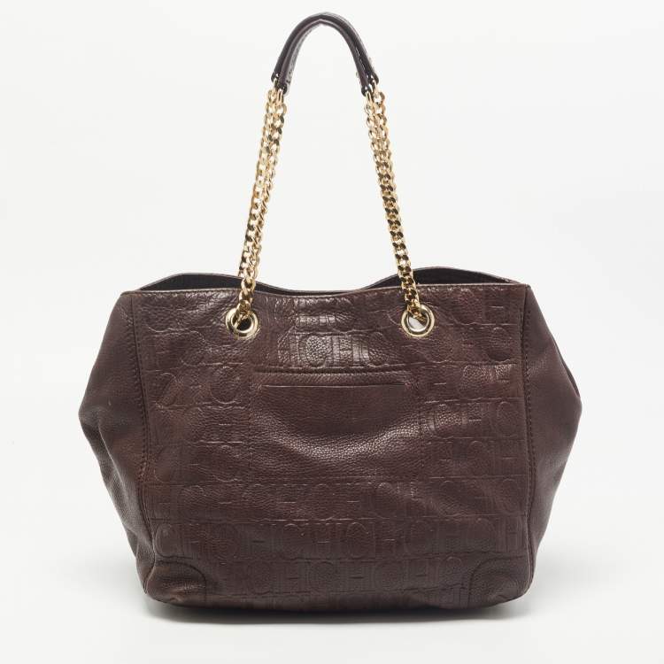 Pre Owned CH Carolina Herrera Brown Monogram Embossed Leather Bow New Anna Hobo