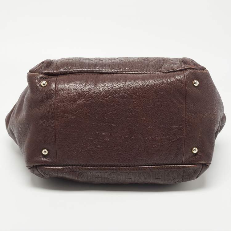 Pre Owned CH Carolina Herrera Brown Monogram Embossed Leather Bow New Anna Hobo