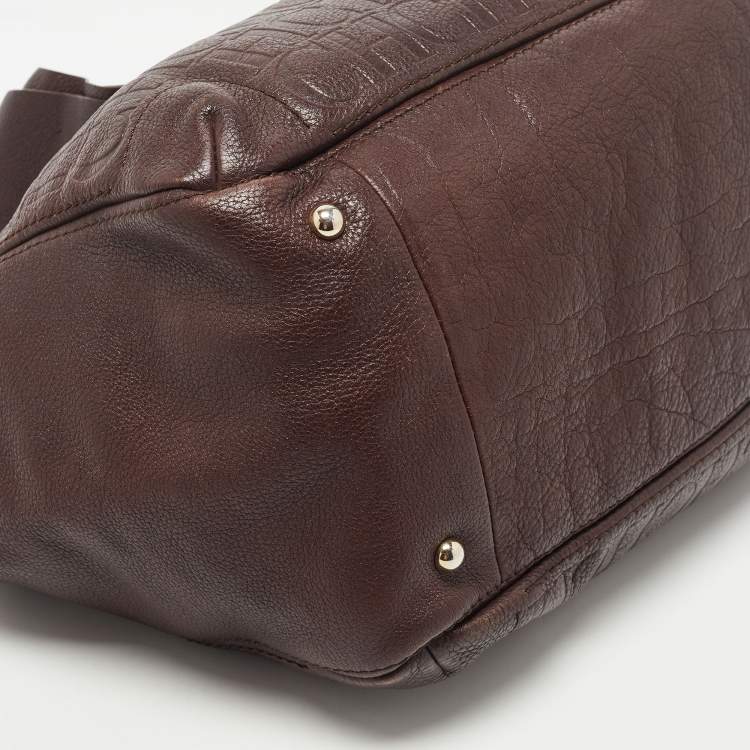 Pre Owned CH Carolina Herrera Brown Monogram Embossed Leather Bow New Anna Hobo