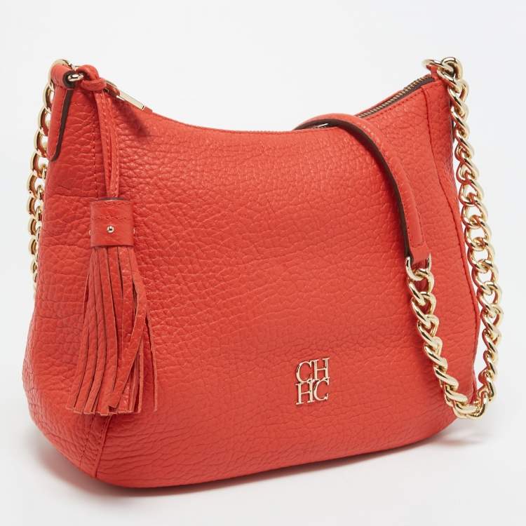 Pre Owned CH Carolina Herrera Dark Orange Grain Leather Chain Shoulder Bag