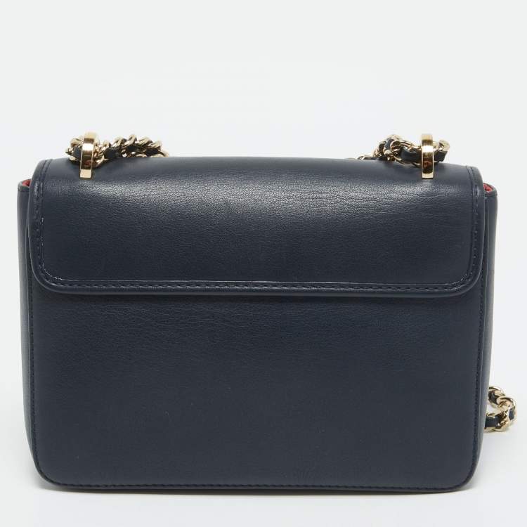 Pre Owned CH Carolina Herrera Navy Blue Leather Bow Flap Shoulder Bag 