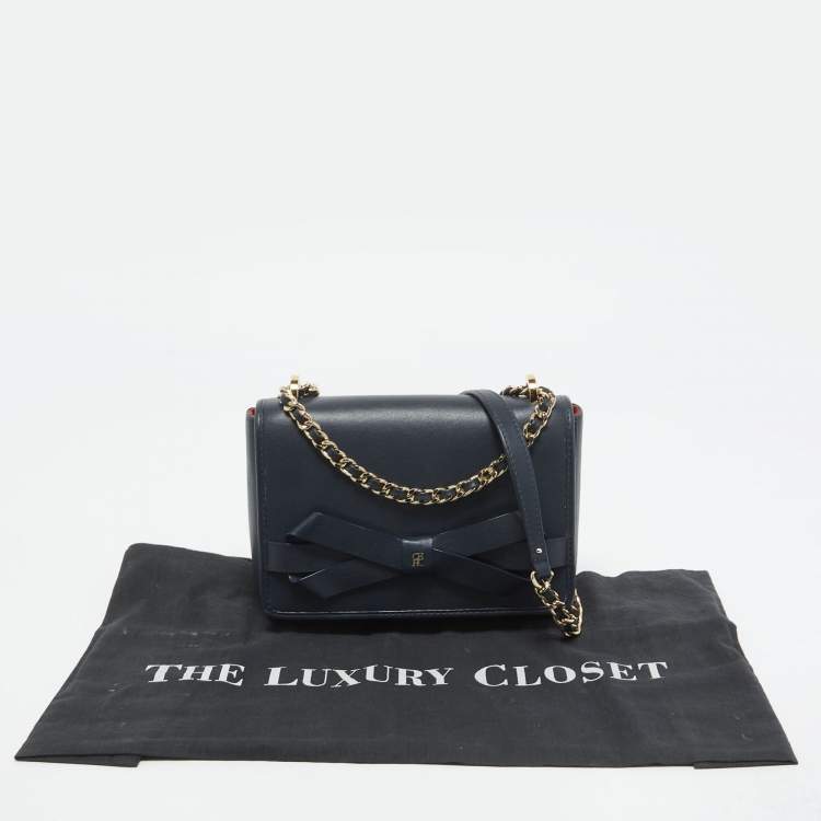 Pre Owned CH Carolina Herrera Navy Blue Leather Bow Flap Shoulder Bag 