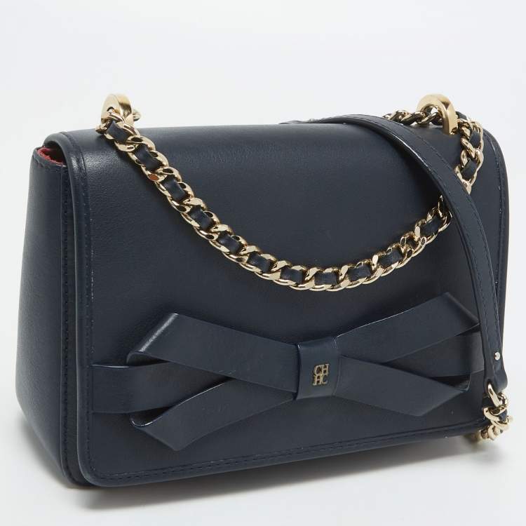 Pre Owned CH Carolina Herrera Navy Blue Leather Bow Flap Shoulder Bag 