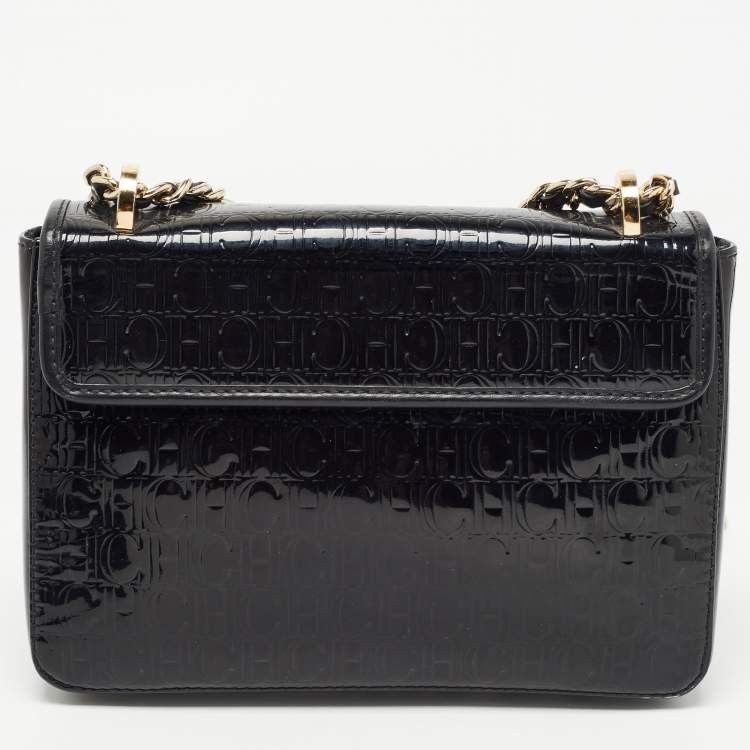 Pre Owned CH Carolina Herrera Black Embossed Patent and Leather Flap Bow Shoulder Bag