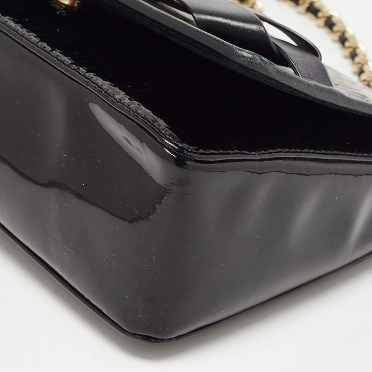Pre Owned CH Carolina Herrera Black Embossed Patent and Leather Flap Bow Shoulder Bag