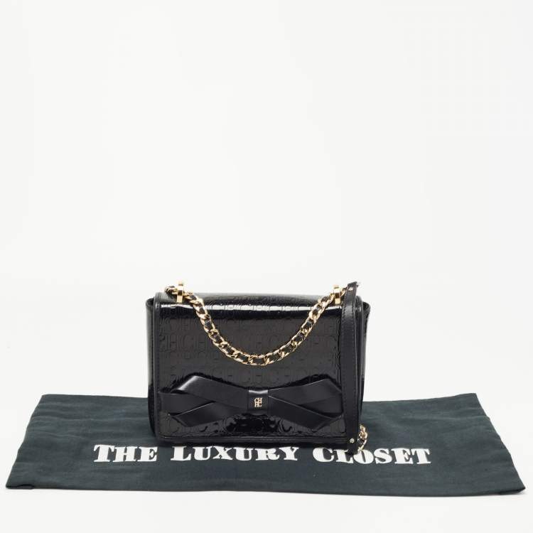 Pre Owned CH Carolina Herrera Black Embossed Patent and Leather Flap Bow Shoulder Bag