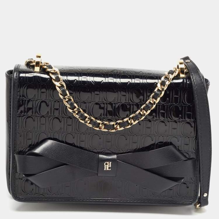 Pre Owned CH Carolina Herrera Black Embossed Patent and Leather Flap Bow Shoulder Bag