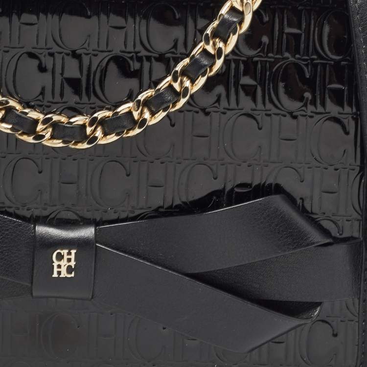 Pre Owned CH Carolina Herrera Black Embossed Patent and Leather Flap Bow Shoulder Bag