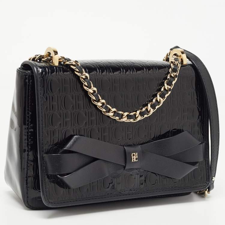 Pre Owned CH Carolina Herrera Black Embossed Patent and Leather Flap Bow Shoulder Bag
