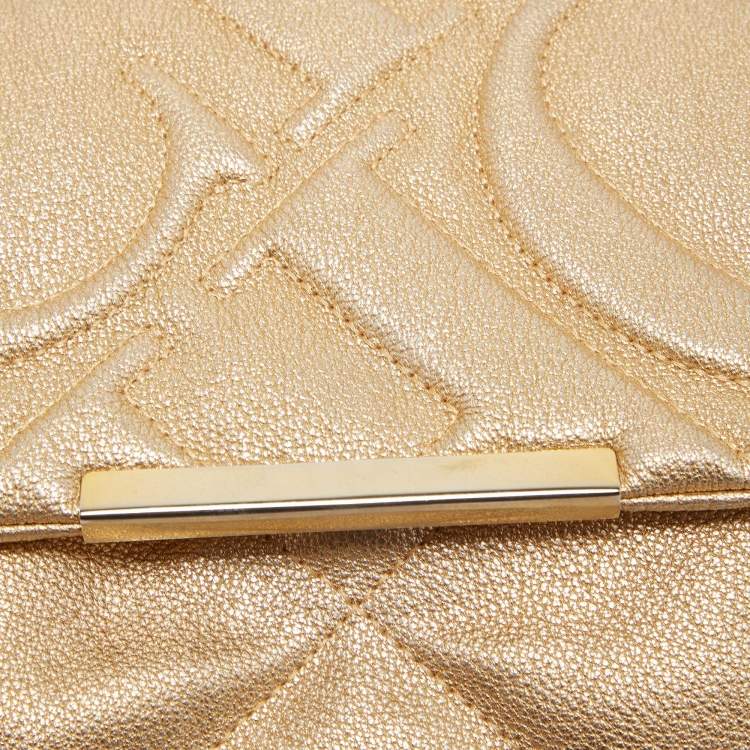 Pre Owned CH Carolina Herrera Gold Embossed Leather Metal Flap Shoulder Bag
