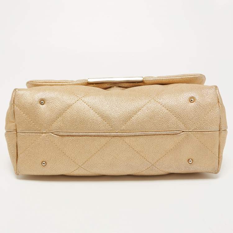 Pre Owned CH Carolina Herrera Gold Embossed Leather Metal Flap Shoulder Bag
