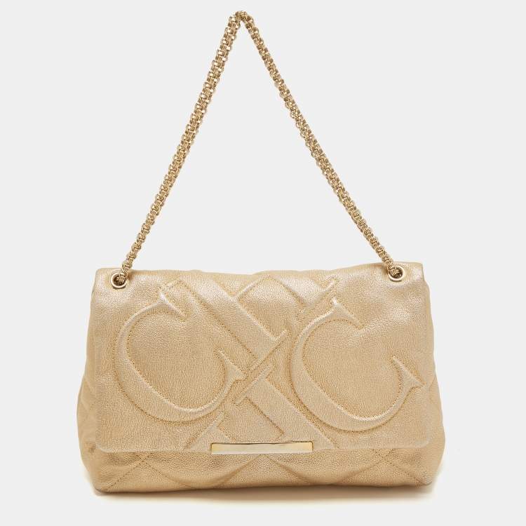 Pre Owned CH Carolina Herrera Gold Embossed Leather Metal Flap Shoulder Bag