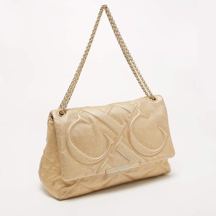 Pre Owned CH Carolina Herrera Gold Embossed Leather Metal Flap Shoulder Bag