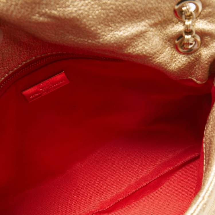 Pre Owned CH Carolina Herrera Gold Embossed Leather Metal Flap Shoulder Bag