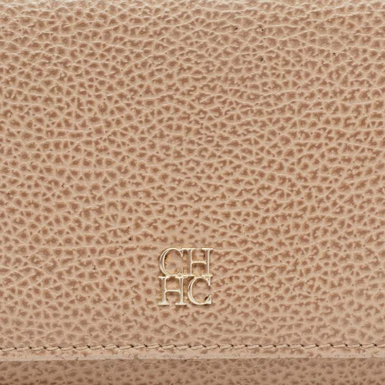 Pre Owned CH Carolina Herrera Beige Leather Flap Continental Wallet 