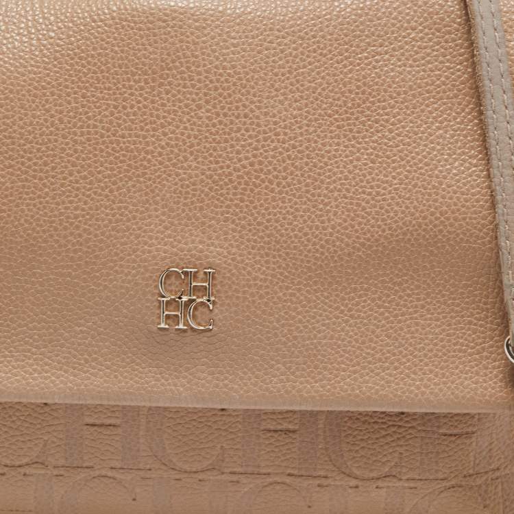 Pre Owned CH Carolina Herrera Beige Leather Minuetto Flap Top Handle Bag