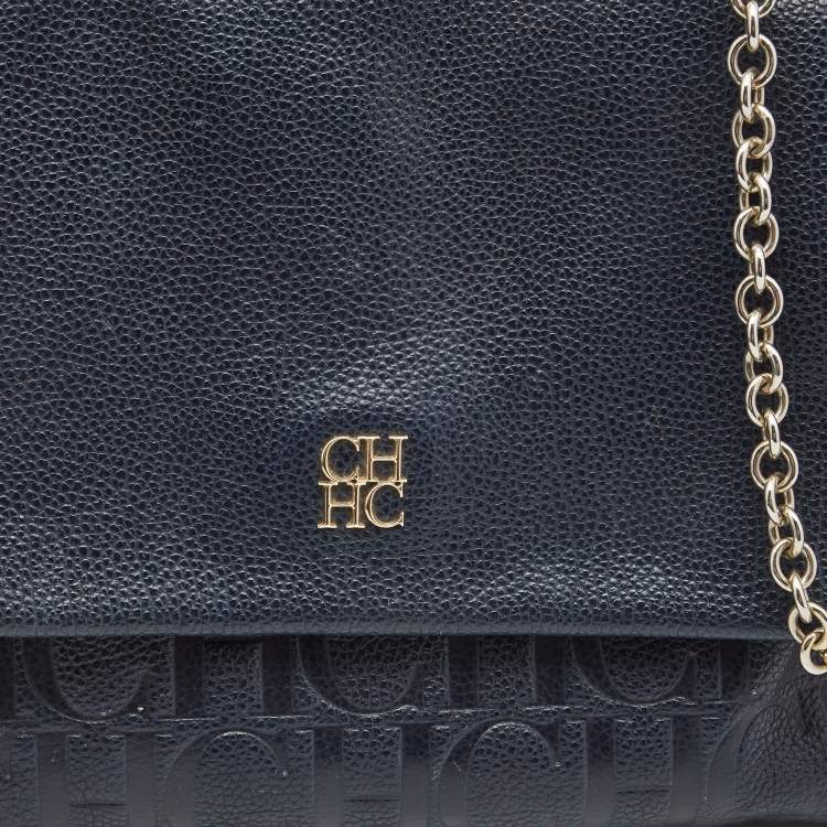 Pre Owned CH Carolina Herrera Navy Blue Leather Minuetto Flap Top Handle Bag