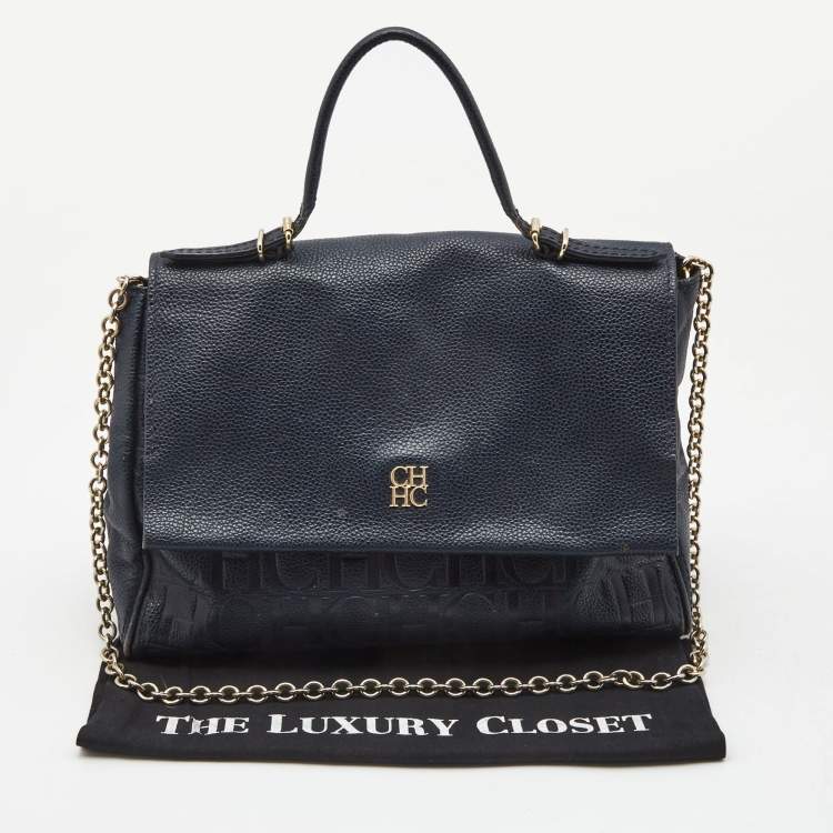 Pre Owned CH Carolina Herrera Navy Blue Leather Minuetto Flap Top Handle Bag