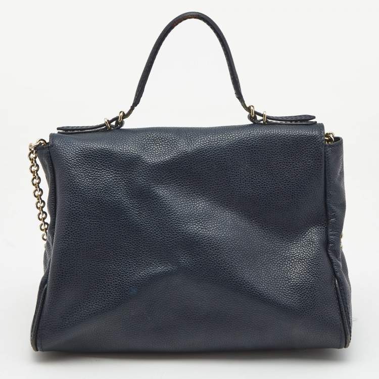 Pre Owned CH Carolina Herrera Navy Blue Leather Minuetto Flap Top Handle Bag