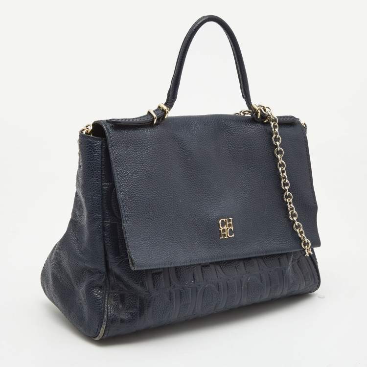 Pre Owned CH Carolina Herrera Navy Blue Leather Minuetto Flap Top Handle Bag