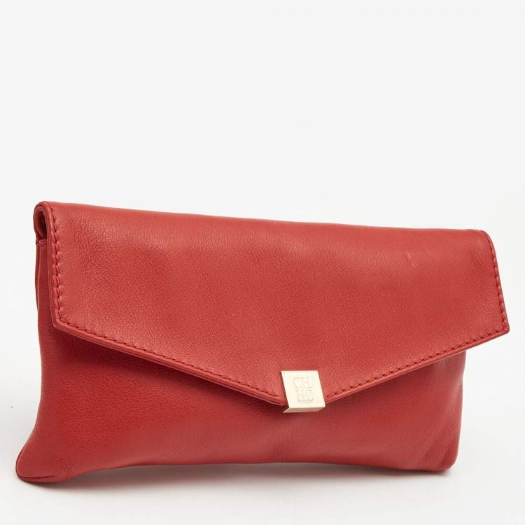 Pre Owned CH Carolina Herrera Red Leather Envelope Clutch