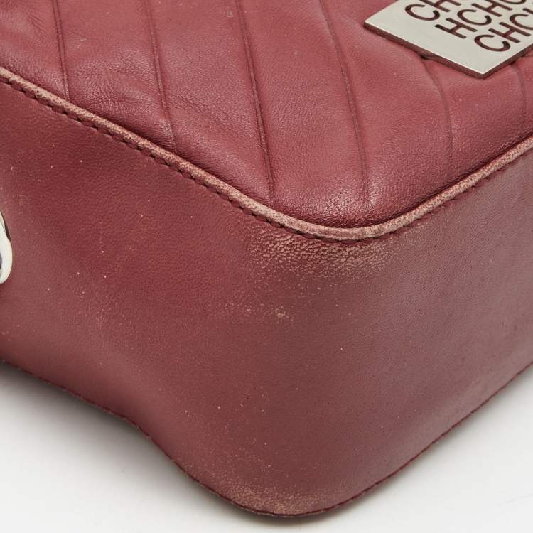 Pre Owned CH Carolina Herrera Burgundy Chevron Leather Logo Camera Crossbody Bag