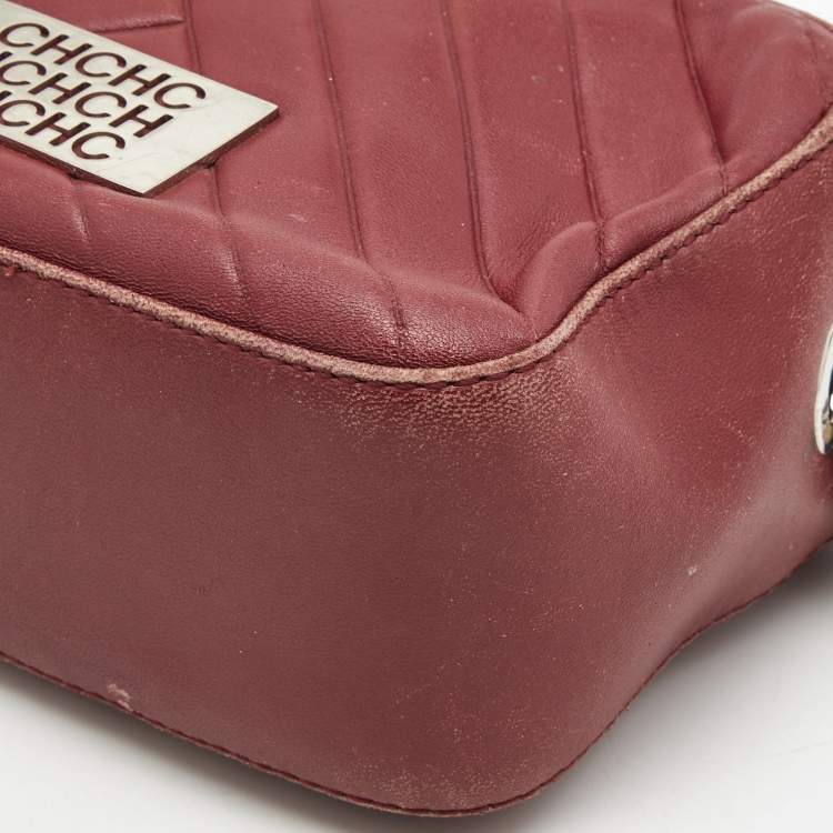 Pre Owned CH Carolina Herrera Burgundy Chevron Leather Logo Camera Crossbody Bag