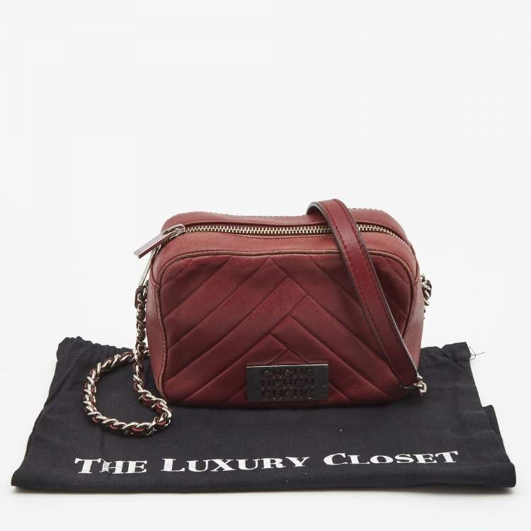Pre Owned CH Carolina Herrera Burgundy Chevron Leather Logo Camera Crossbody Bag