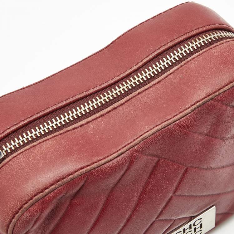 Pre Owned CH Carolina Herrera Burgundy Chevron Leather Logo Camera Crossbody Bag