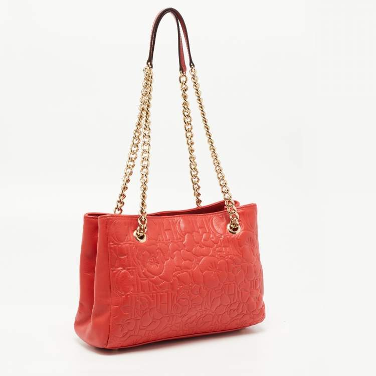 Pre Owned CH Carolina Herrera Red Embossed Leather Chain Tote