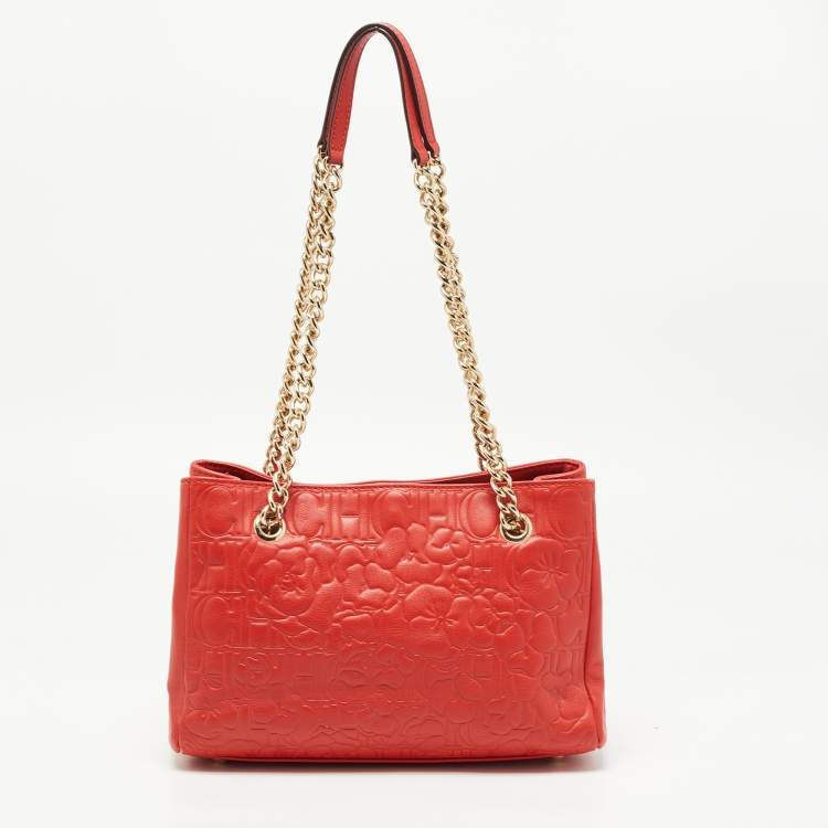 Pre Owned CH Carolina Herrera Red Embossed Leather Chain Tote