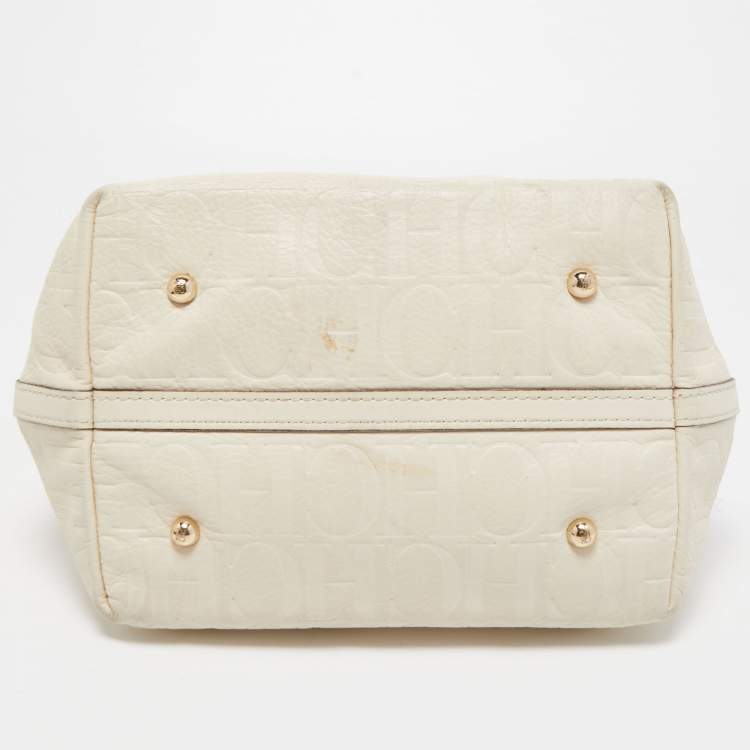 Pre Owned CH Carolina Herrera Off White Monogram Embossed Leather Matryoshka Tote