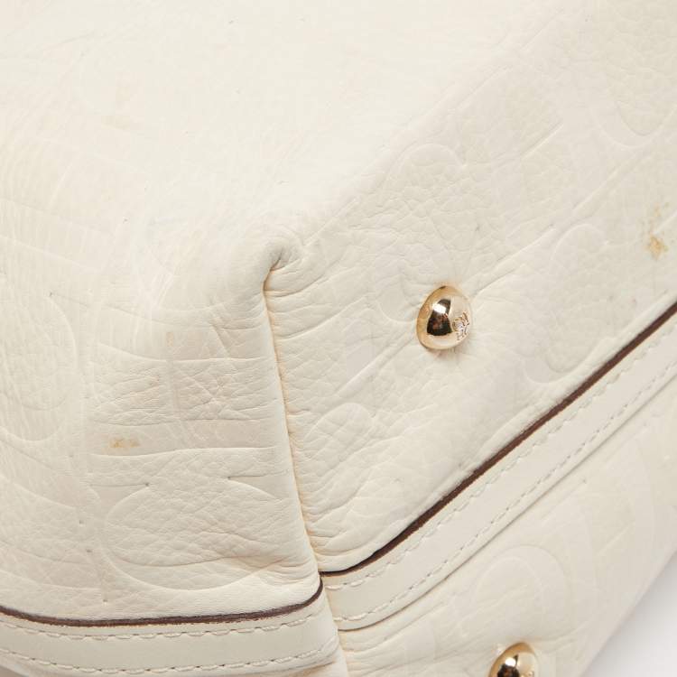 Pre Owned CH Carolina Herrera Off White Monogram Embossed Leather Matryoshka Tote