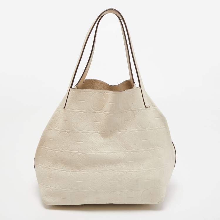 Pre Owned CH Carolina Herrera Off White Monogram Embossed Leather Matryoshka Tote