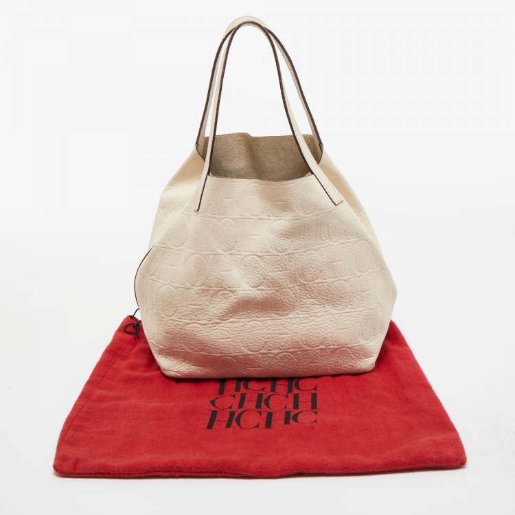 Pre Owned CH Carolina Herrera Off White Monogram Embossed Leather Matryoshka Tote