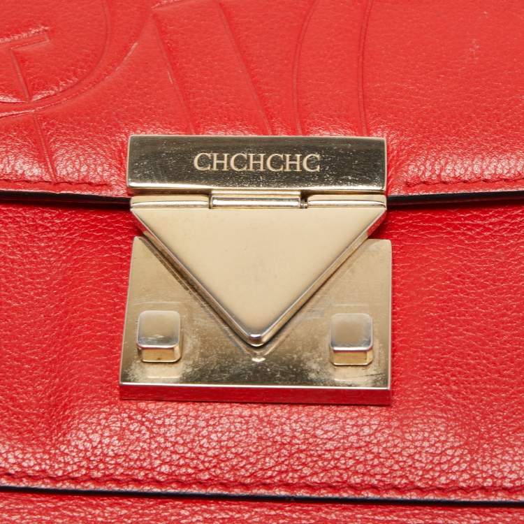 Pre Owned CH Carolina Herrera Red Monogram Leather Flap Top Handle Bag