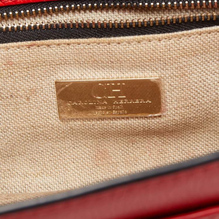Pre Owned CH Carolina Herrera Red Monogram Leather Flap Top Handle Bag