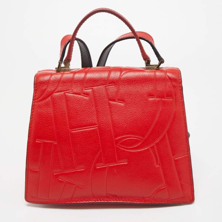 Pre Owned CH Carolina Herrera Red Monogram Leather Flap Top Handle Bag