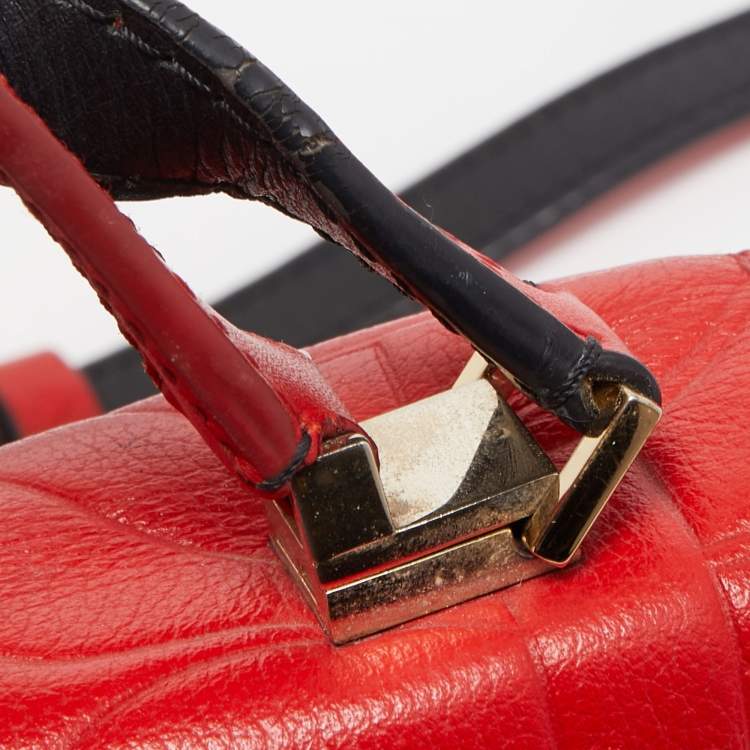 Pre Owned CH Carolina Herrera Red Monogram Leather Flap Top Handle Bag