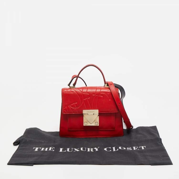 Pre Owned CH Carolina Herrera Red Monogram Leather Flap Top Handle Bag
