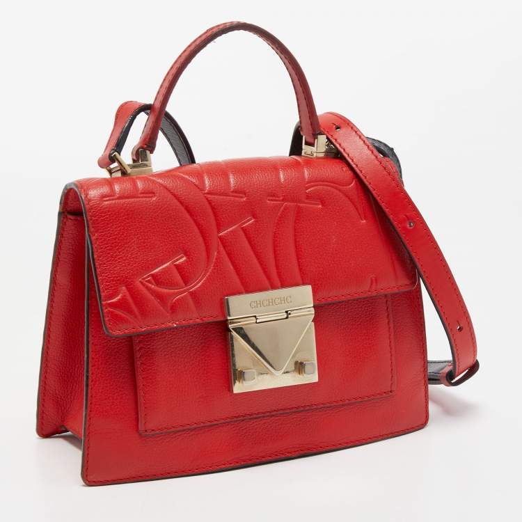 Pre Owned CH Carolina Herrera Red Monogram Leather Flap Top Handle Bag