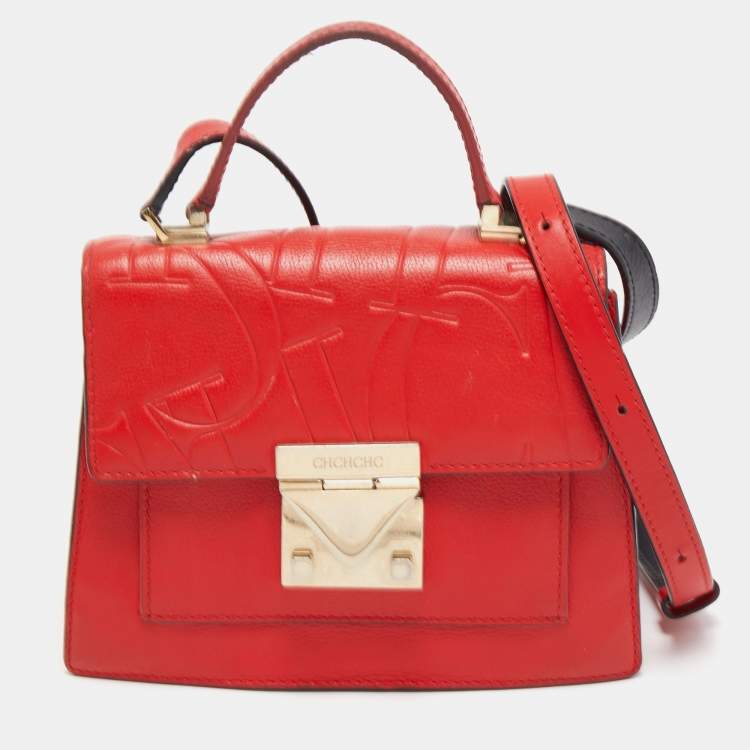Pre Owned CH Carolina Herrera Red Monogram Leather Flap Top Handle Bag