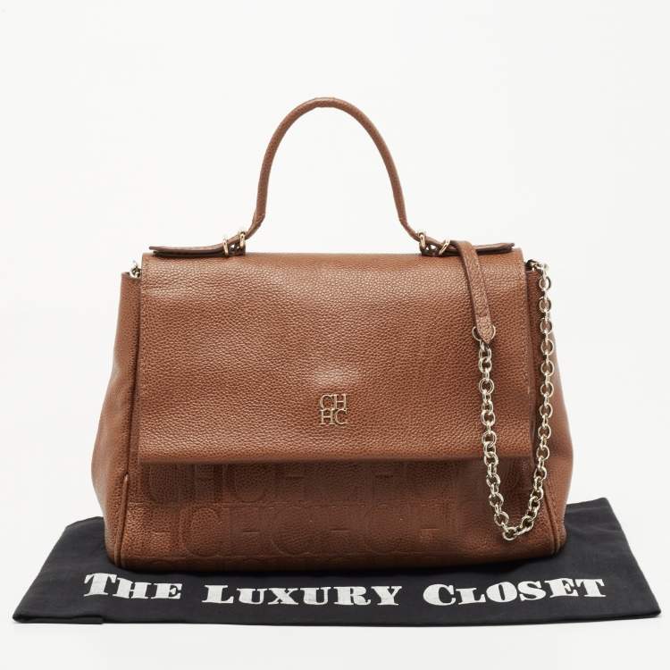 Pre Owned CH Carolina Herrera Brown Leather Minuetto Flap Top Handle Bag