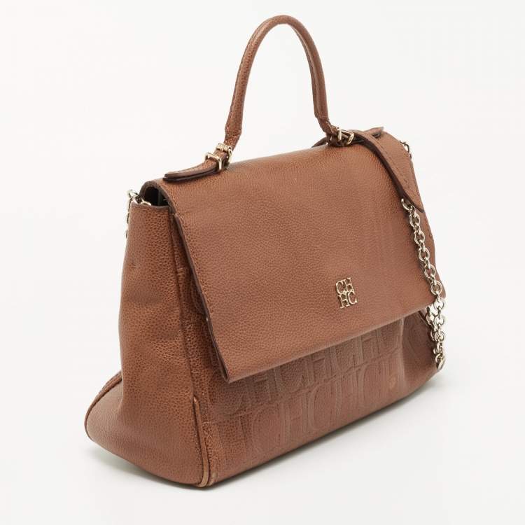 Pre Owned CH Carolina Herrera Brown Leather Minuetto Flap Top Handle Bag