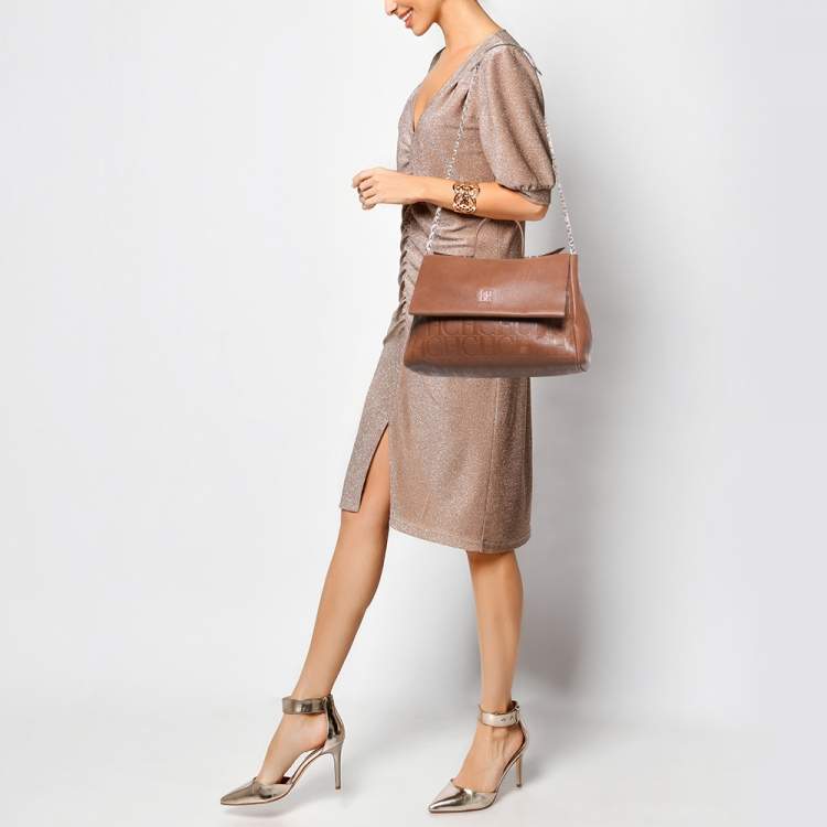 Pre Owned CH Carolina Herrera Brown Leather Minuetto Flap Top Handle Bag