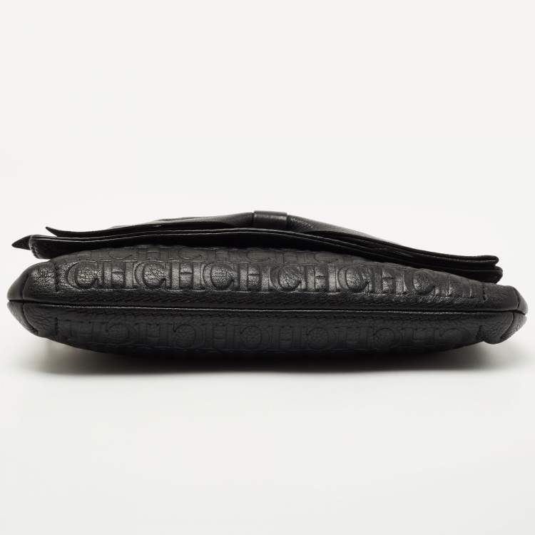 Pre Owned CH Carolina Herrera Black Monogram Embossed Leather Bow Chain Clutch