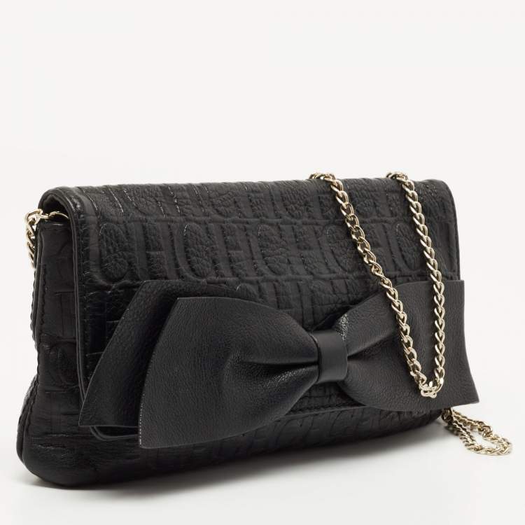 Pre Owned CH Carolina Herrera Black Monogram Embossed Leather Bow Chain Clutch