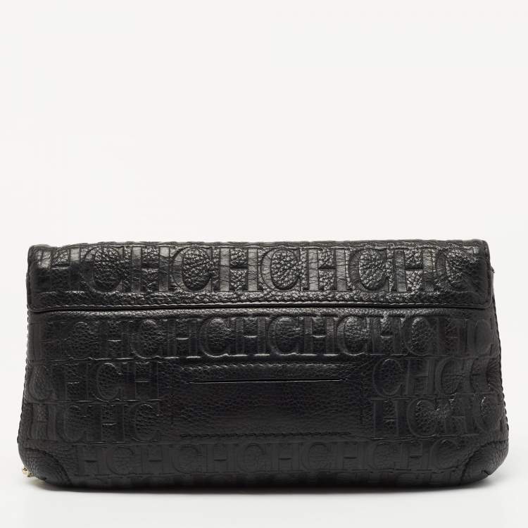Pre Owned CH Carolina Herrera Black Monogram Embossed Leather Bow Chain Clutch