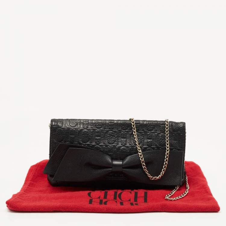Pre Owned CH Carolina Herrera Black Monogram Embossed Leather Bow Chain Clutch